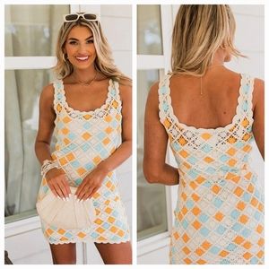 Fab'rik Orange, Turquoise & Cream Crocheted Boho Mini Dress